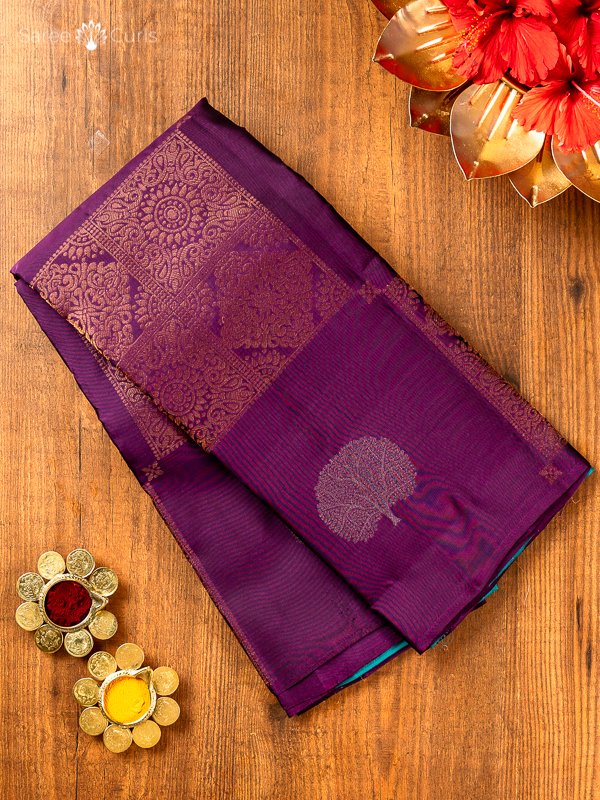 Cream and Purple Brocade Pure Kanjivaram Silk Saree– Clio Silks